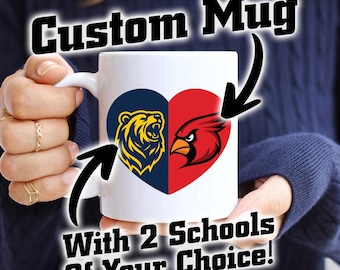Custom Two College Heart Ceramic Mug, Dual School Coffee or Tea Cup, House Divided, Any College Sport, Any Team Logo, Personalized Gift Idea