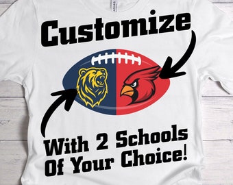Custom Gift Two College Football Tshirt, Dual School Unisex Shirt, House Divided Tee, Any College, Any Team Logo, Personalized Alumni Gift