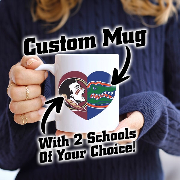 Custom Two College Heart Ceramic Mug, Dual School Coffee or Tea Cup, House Divided, Any College Sport, Any Team Logo, Personalized Gift Idea