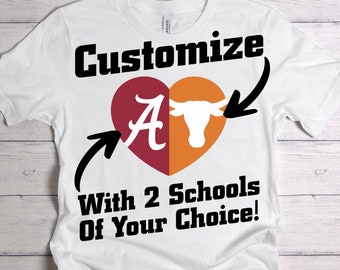 Custom Two College Heart Tshirt, Dual School Unisex Shirt, House Divided Tee, Any College Sport, Any Team Logo, Personalized Gift Idea