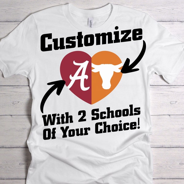 Custom Two College Heart Tshirt, Dual School Unisex Shirt, House Divided Tee, Any College Sport, Any Team Logo, Personalized Gift Idea