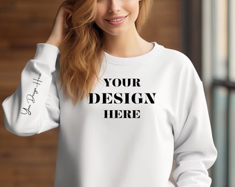 White Gildan 18000 Sleeve Sweatshirt Mockup, Female sweat-shirt mock up, Women sweatshirt Mockup, White sweatshirt mockup