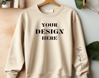 Sand Gildan 18000 Sleeve Sweatshirt Mockup, Female sweat-shirt mock up, Women sweatshirt flatlay Mockup, Sand sweatshirt mockup