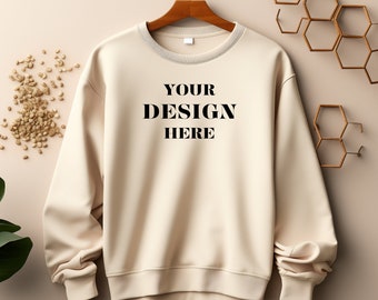 Sand Gildan 18000 Sleeve Sweatshirt Mockup, Female sweat-shirt mock up, Women sweatshirt flatlay Mockup, Sand sweatshirt mockup