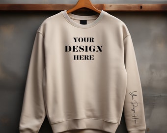 Sand Gildan 18000 Sleeve Sweatshirt Mockup, Female sweat-shirt mock up, Women sweatshirt flatlay Mockup, Sand sweatshirt mockup