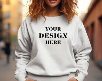 white Gildan 18000 Sweatshirt Mockup, Female sweat-shirt mock up, Women sweatshirt Mockup, white color sweatshirt mockup