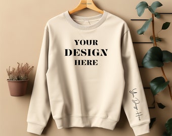 Sand Gildan 18000 Sleeve Sweatshirt Mockup, Female sweat-shirt mock up, Women sweatshirt flatlay Mockup, Sand sweatshirt mockup