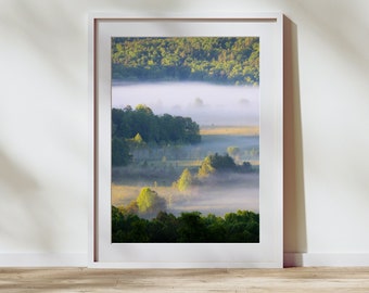 Niebla sobre Cades Cove - Parque Nacional de las Grandes Montañas Humeantes, Impresión de fotografía de paisaje, Impresión de fotografía de bellas artes, Tennessee, Arte de pared