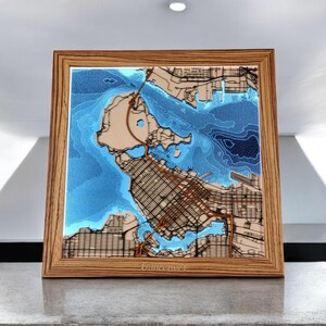 Vancouver 12" LED Illuminated 3D Layered Map with Bathymetry Lines in Zebrawood