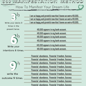 Puede incluir: Una ilustración verde y blanca con el texto "369 Manifestation Method" y "How To Manifest Your Dream Life". La ilustración muestra un método para manifestar tus sueños escribiendo tu deseo 3 veces, tus intenciones 6 veces y el resultado 9 veces.