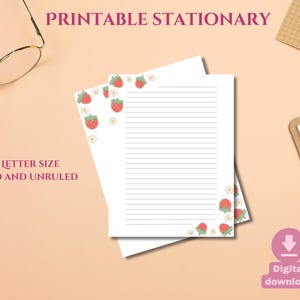 Papelería imprimible de fresas / Papel kawaii lindo con y sin rayas / Descarga digital de 8,5 x 11 / Papel de escritura con temática de frutas