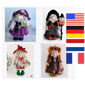 Peut inclure: Quatre poupées de sorcière crochetées avec des tenues et des accessoires différents. Les poupées portent des chapeaux, des robes et portent des objets comme des citrouilles, des grenouilles et des champignons. Les poupées sont debout sur un fond blanc avec des drapeaux des États-Unis, de l'Allemagne, de la France et de l'Union européenne.