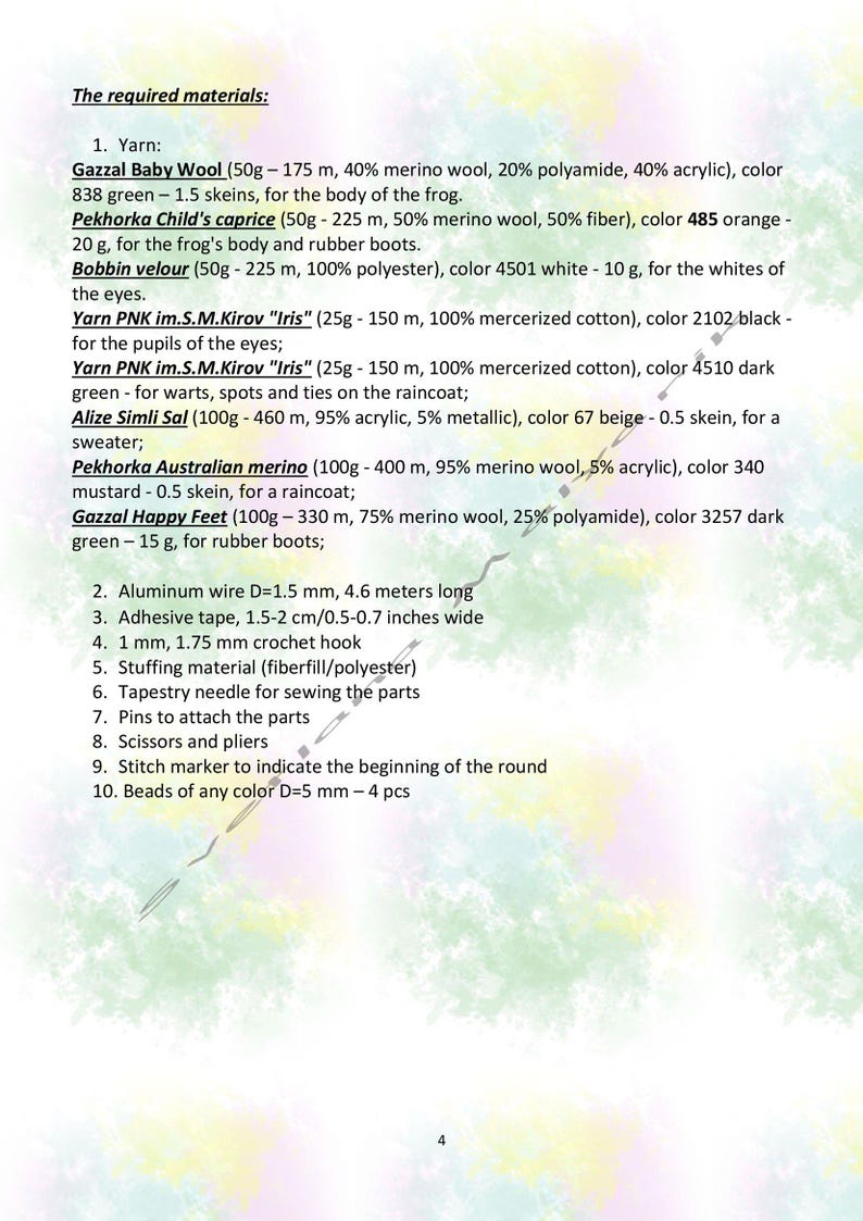 May include: A list of materials needed to make a frog plushie. The list includes yarn, wire, crochet hook, stuffing, needles, pins, scissors, pliers, stitch marker, and beads.
