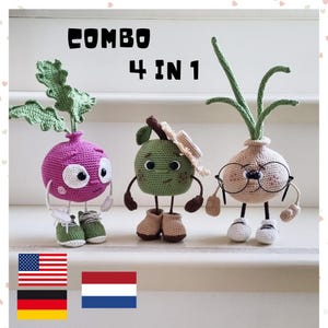 Schema per giocattolo vegetale all&#39;uncinetto: mela, cipolla, ravanello, melanzana (PDF 4 in 1)