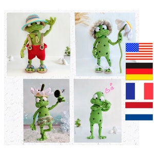 May include: Four crocheted frog plushies in different poses. The first frog is wearing a blue and white hat and red shorts. The second frog is wearing a white hat and holding a white flower. The third frog is wearing a white flower on its head and holding a microphone. The fourth frog is holding its hands to its face.
