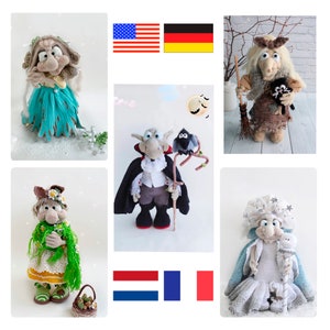 May include: A collection of crocheted amigurumi dolls, each with unique features and accessories. The dolls are dressed in various outfits, including a green dress with a white shawl, a brown dress with a black cat, a black cape with a white shirt, a green dress with a white shawl, and a white dress with a blue shawl. The dolls are standing on a white background.