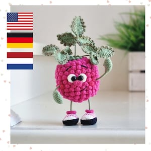 May include: A crocheted raspberry character with a textured pink body, green leaves on top, and thin arms and legs. The figure has black bead eyes, a stitched smile, and wears small white and black shoes. It stands upright on a smooth surface.
