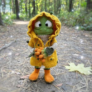 May include: A crocheted frog wearing a yellow raincoat and orange boots, holding a bunch of orange berries in a forest setting.