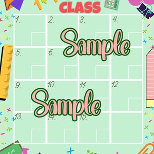 May include: A light green math class worksheet with a grid of boxes, the word "Sample" in pink script, and the text "MATH CLASS" in red. Colorful illustrations of a calculator, pencil, and paper airplane are scattered around the worksheet.
