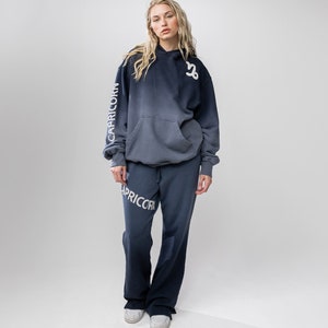 May include: A two-piece set of casual wear in a gradient blue hue. The set includes a hooded sweatshirt and matching sweatpants. The word "CAPRICORN" is printed in white on the left sleeve of the hoodie and on the left leg of the sweatpants. The Capricorn symbol is on the hoodie.