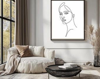 Abstract Line Face Printable, Black and White Minimalist Wall Art, Modern Monochrome Decor, Instant Download