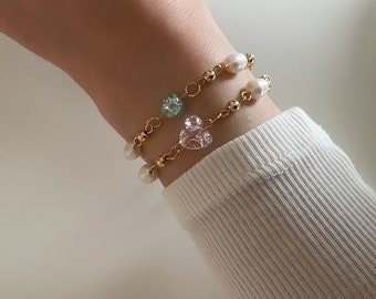 Parel Armband, Crystal, Zoetwaterparels, Roze, Groen, Glitter, Schattige sieraden, Cadeau,