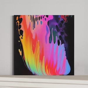 May include: Abstract art print featuring a vibrant blend of colors. The artwork showcases a dynamic composition with flowing, layered hues of pink, orange, yellow, and blue against a black background. The piece has a modern aesthetic.