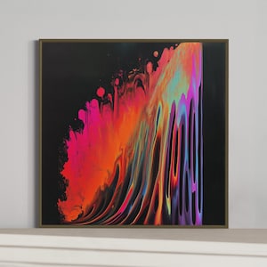 May include: Abstract art print with a dark background and a vibrant, colorful design. The artwork features a dynamic flow of bright pink, orange, and teal hues, creating a visually striking and modern piece.