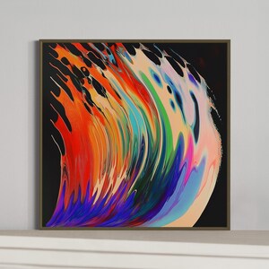 May include: Abstract art print featuring a vibrant, colorful design. The artwork showcases a dynamic composition of flowing lines and shapes in shades of orange, red, blue, green, and pink against a black background. The print is framed in a brown frame.