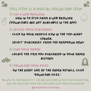 May include: A digital download item guide with instructions in green text on a light beige background. The guide includes steps on how to access and download files from Etsy using a web browser. Decorative illustrations are included.