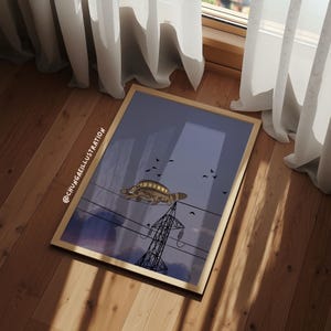 May include: Framed art print featuring a whimsical illustration of a turtle-shaped vehicle flying above a power line. The artwork is set against a blue sky with birds and a stylized power pylon. The artist's name, @CHUNGGAEILLUSTRATION, is printed on the left side.