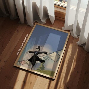 May include: A framed illustration featuring a whimsical character in a black coat and top hat, hanging laundry on a clothesline. The artwork has a light wooden frame and is set against a blue sky backdrop. The illustration is on a wooden floor with white curtains.