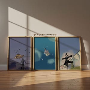 May include: Three framed art prints with whimsical illustrations. One features a turtle-like creature above a power line, another a hippo in the sky, and the third a figure with a hat and cape. The artist's name, @chungaeillustration, is visible.