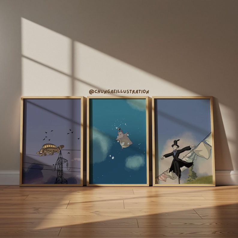 May include: Three framed art prints with whimsical illustrations. One features a turtle-like creature above a power line, another a hippo in the sky, and the third a figure with a hat and cape. The artist's name, @chungaeillustration, is visible.