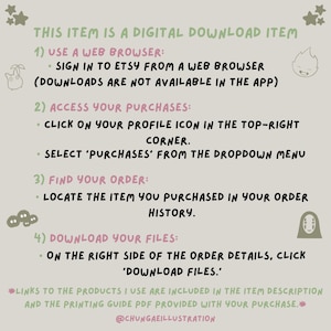 May include: A digital download item guide with instructions in black and green text on a light green background. The text includes steps on how to download files from Etsy, with illustrations of small cartoon characters.