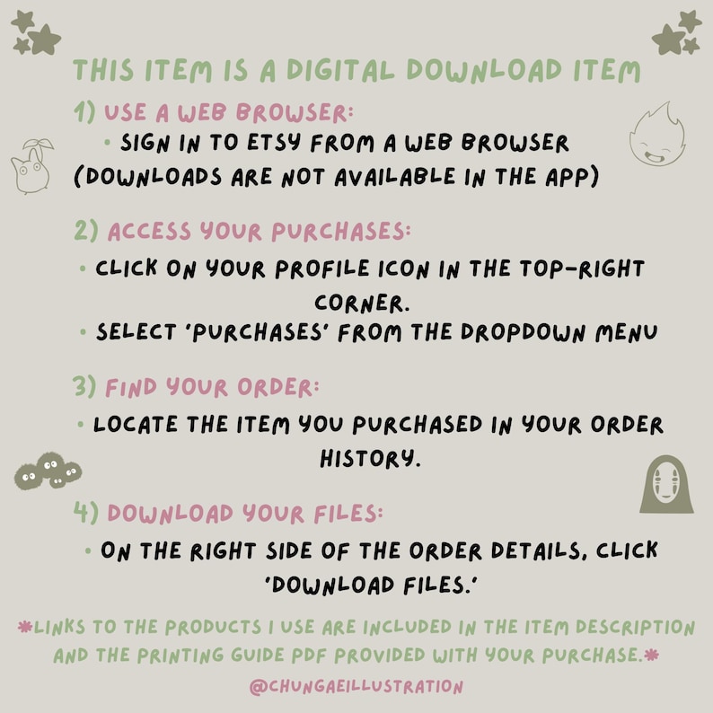 May include: A digital download item guide with instructions in black and green text on a light green background. The text includes steps on how to download files from Etsy, with illustrations of small cartoon characters.