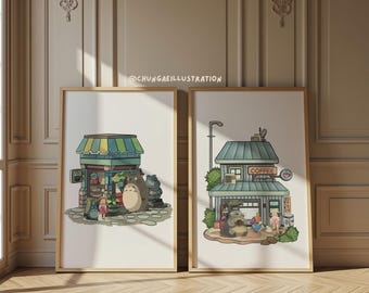Conjunto de impresiones de la librería y cafetería Totoro / Arte infantil de Studio Ghibli