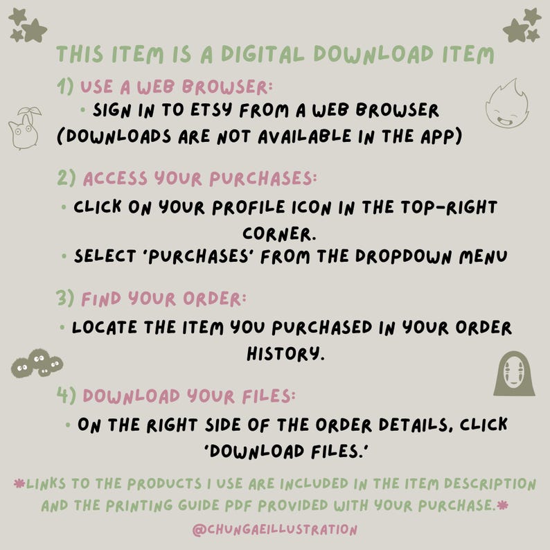 May include: A digital download item guide with instructions in green text on a light beige background. The guide includes steps on how to access and download files from Etsy using a web browser. Decorative illustrations are included.