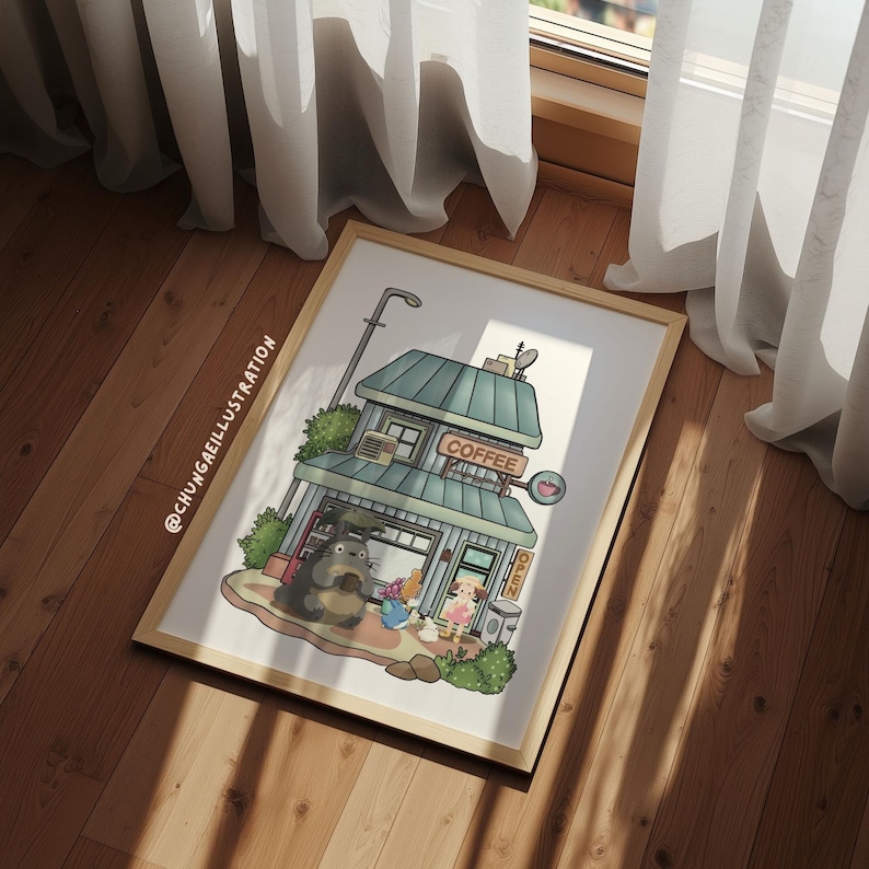 May include: A framed illustration of a coffee shop with a green roof and the word "COFFEE" on a sign. Cartoon characters are in front of the shop. The artist's name, @CHUNGAEILLUSTRATION, is in the lower left corner.