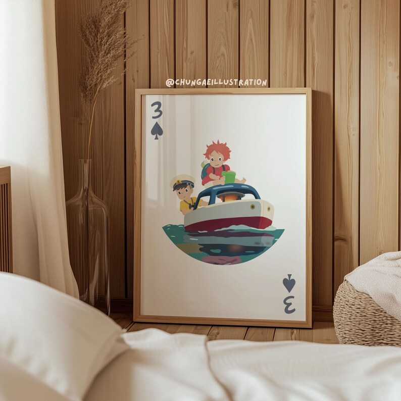 May include: A framed illustration featuring a boat with two cartoon characters. The boat is red, white, and blue, and the characters are wearing sailor hats. The illustration is a playing card with the number 3 and a spade symbol.
