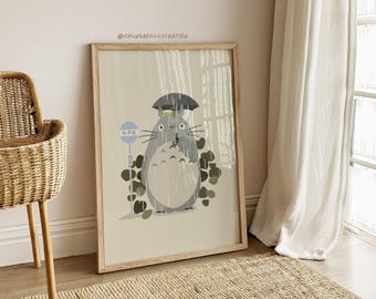 Totoro Rain Scene Wall Art – Studio Ghibli Printable Poster
