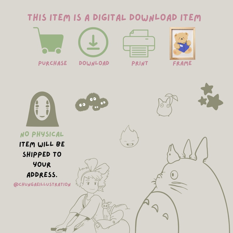 May include: Digital download item featuring illustrations of a framed teddy bear, animated film characters, and icons for purchase, download, and print. Text states: "This item is a digital download item. No physical item will be shipped to your address."