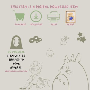 May include: Digital download item with illustrations of a teddy bear in a frame, characters from animated films, and icons for purchase, download, and print. Text reads: "This item is a digital download item" and "No physical item will be shipped to your address."