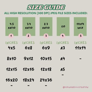 May include: A size guide chart with the text "SIZE GUIDE" and "ALL HIGH RESOLUTION (300 DPI) JPEG FILE SIZES INCLUDED:". It lists various print sizes in inches, including 4x5, 6x8, 6x9, 8x10, 9x12, 10x15, 11x14, 12x15, 12x16, 12x18, 16x20, 18x24, and 24x36.