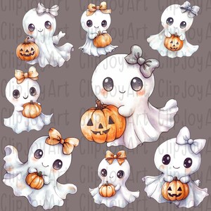 ClipJoyArt Cute Friendly Ghosts with Pumpkins Clip Art Transparent Background High Resolution Planner Digital Art Commercial Use