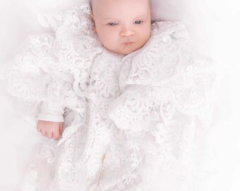 UNISEX Christening Gown - Hat - Booties | Baptism Lace Name Gown, Luxury Blessing Gown for Boys and Girls