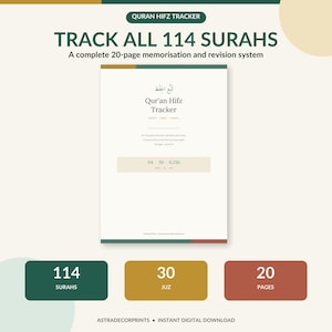 Coran Hifz Tracker, 114 sourates, Juz, Ayah Checklist (Téléchargement PDF)