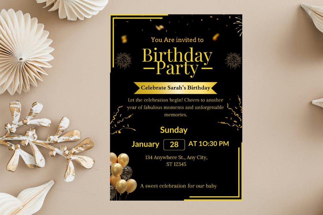 Black and Gold Birthday Invitation Template | Elegant Canva Invite ...