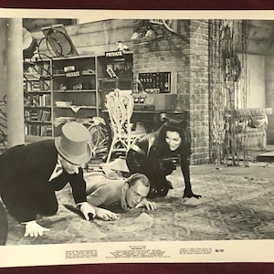 Könnte beinhalten: Schwarz-weiß Werbefoto aus der Batman-Fernsehserie der 1960er Jahre. Das Bild zeigt den Pinguin, Batman und Catwoman in einer Szene. Der Hintergrund umfasst eine Bibliothek, eine Backsteinmauer und einen dekorativen Stuhl.