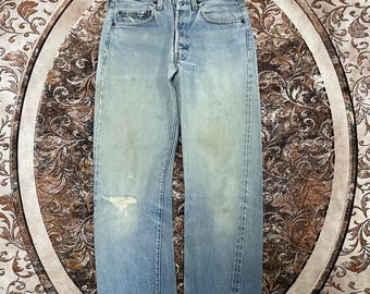 Zeldzaam !!! Vintage jaren 70 OG Levis 501 Stoned gewassen Levis Rindem Button 524 Ripped Distress Selvedge denim jeans blauwe wassing kleur maat 29 inch
